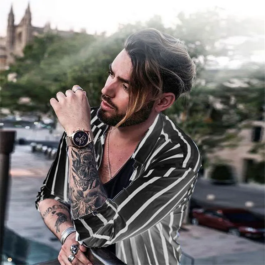 Fashion Men Shirts Slim Fit V Neck Top Long Sleeve Muscle Shirt Casual Tops Fashion Striped 3
