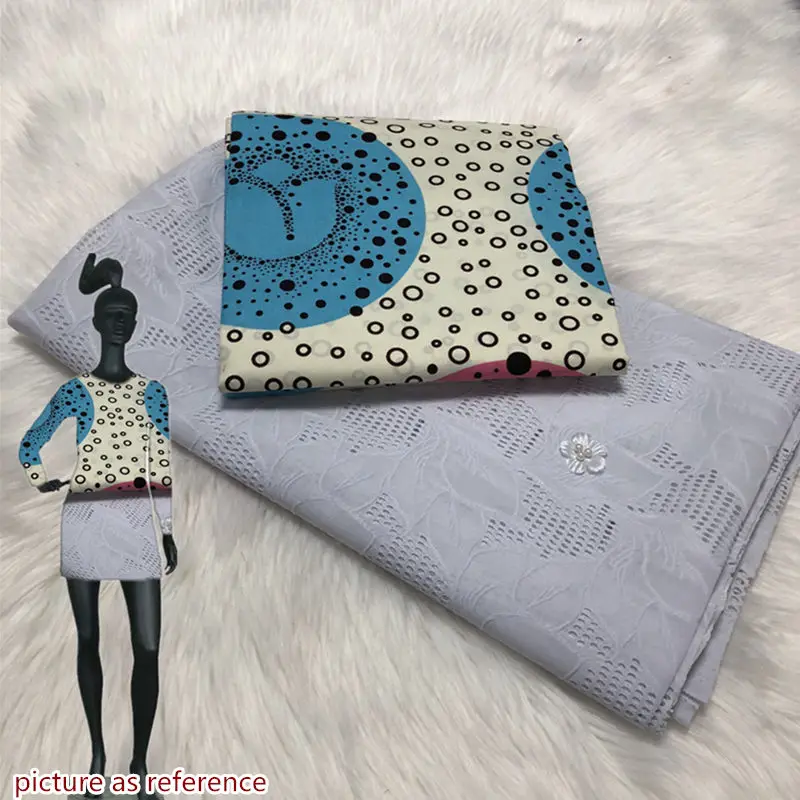

3+2.5Yards White Polyester Ankara African Wax Print Fabric and HIgh Quality Polyester Swiss Voile Lace with Applique AWS30