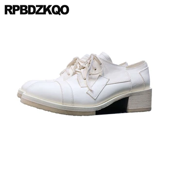 

lace up designer women luxury shoes white 2019 pumps square toe italian size 4 34 genuine leather block medium heels new chunky