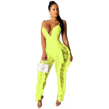 

HAOYUAN Sexy Lace Mesh Sheer Rompers Womens Jumpsuit Spaghetti Strap Ruffles Women Clothing Streetwear Neon One Piece Outfits