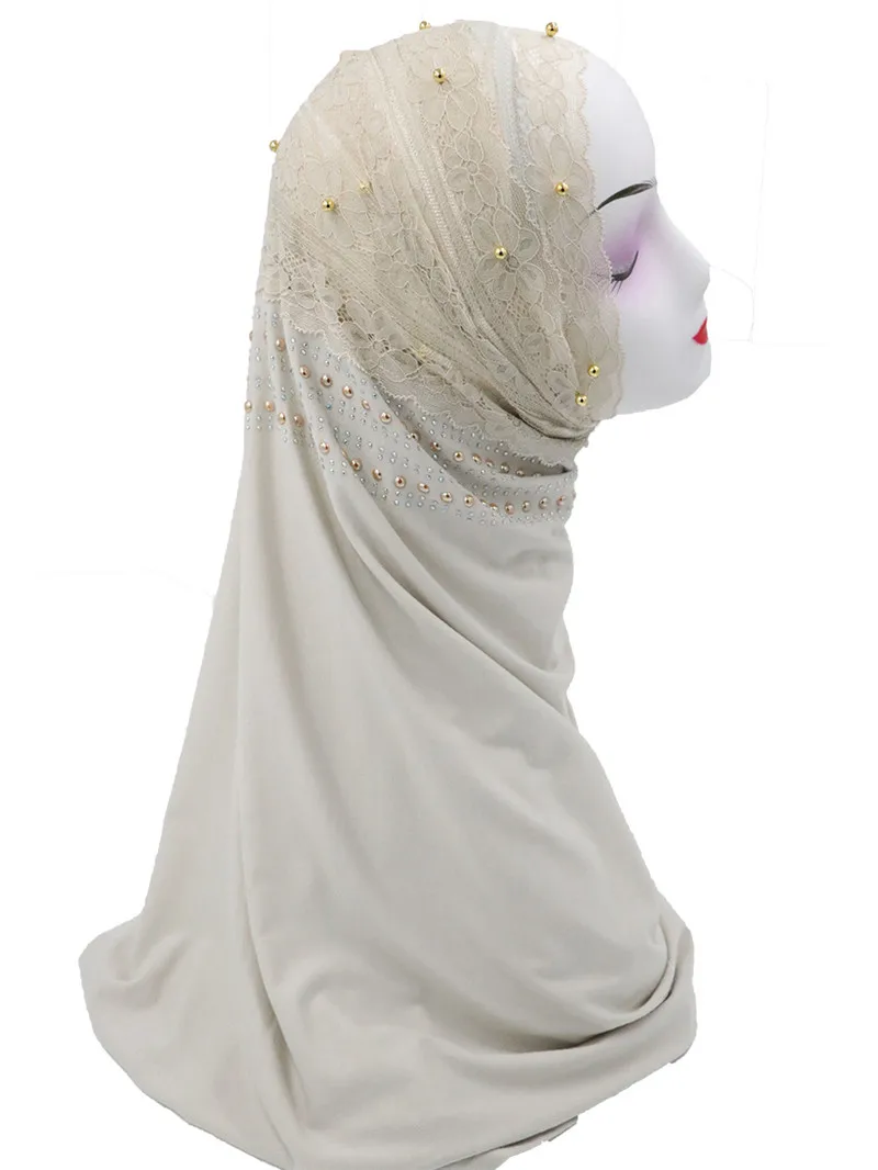 Мусульманский эластичный хиджаб из Джерси шарф мягкий кружевной платок femme musulman хиджаб с кружевом soild хлопок головной платок шарфы Бисероплетение шарфы