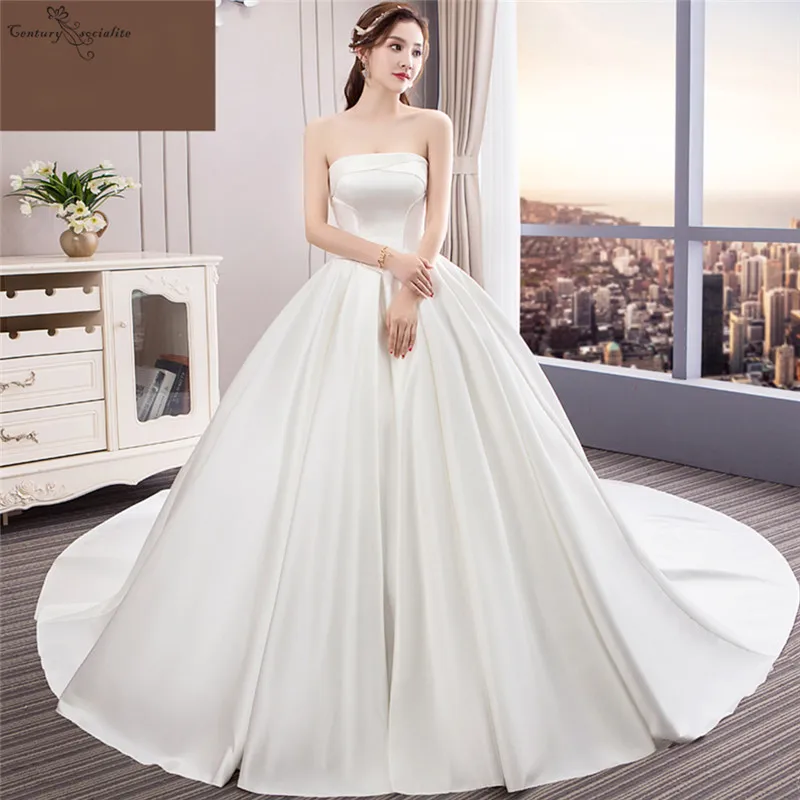 Vestido de Noiva атласные свадебные платья ТРАПЕЦИЕВИДНОЕ платье без бретелек со шнуровкой на спине Часовня Поезд Eleagnt Простые Свадебные платья платье невесты