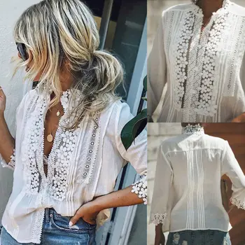 

Embroidery Floral Lace Blouse Shirt Women Lantern Sleeve White Blouse Spring Summer Hollow Out Tops Blouse