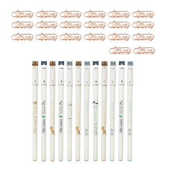 

20 Pcs Love Paper Clips Metal Card File Note Clips & 12 Pcs Cute Cat Pens 0.38 Mm Pens Black Ball Point Pens