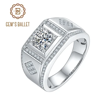 

GEM'S BALLET 925 Sterling Silver Moissanite Ring For Men Wedding 1.0ct Round Center And Channel Round Moissanite Men's Ring