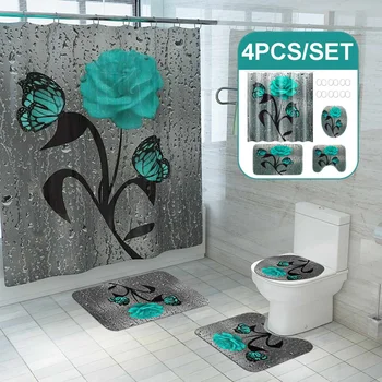 

Green Butterfly Rose Pattern Waterproof Print Shower Curtain 4 Piece Carpet Cover Toilet Cover Bath Mat Pad Set Bathroom Curtain