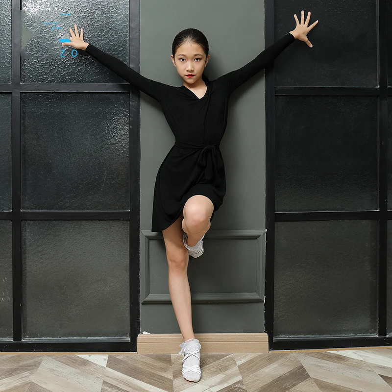 

New Latin Dance Practice Clothes For Kids Long Sleeve Black Training Clothes Rumba Tango Samba Salsa Competition Dresses DWY4823