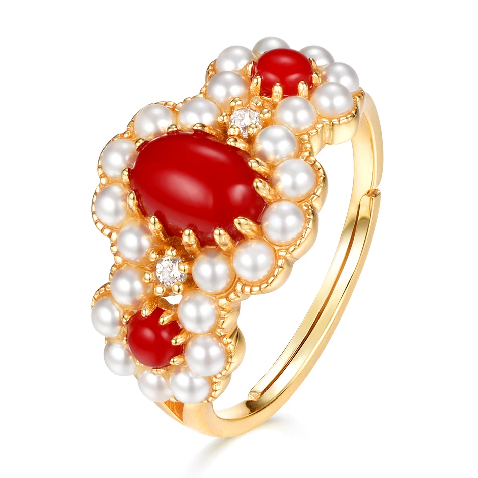 ALLNOEL 925 Sterling Silver Women's Ring Red Coral 5A Zircon Diamonds Genuine Gold Plated Wedding Engagement Adjustable Ring - Gem Color: Red