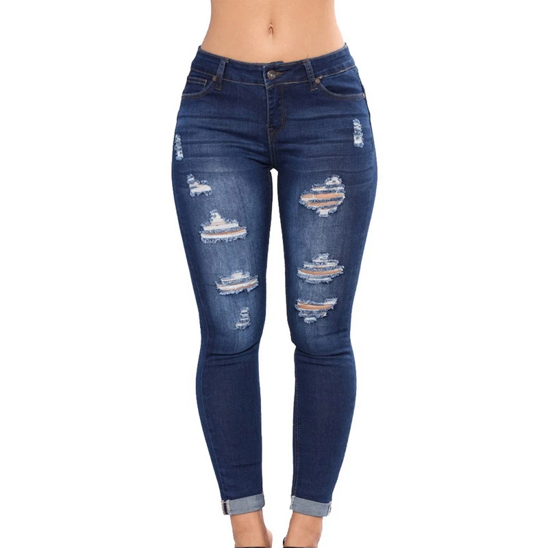 Puimentiua, женские повседневные джинсы с высокой талией, облегающие джинсы размера плюс, рваные длинные джинсы, джинсовые обычные штаны для женщин, джинсы для мам - Цвет: Dark Blue