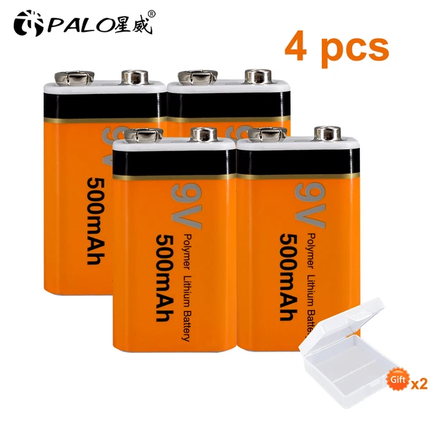 PALO 9V Rechargeable Battery 500mAh 9V Lithium rechargeable battery 9v 6f22 Li-ion batteries for Mrophone 9v Battery 4pcs battery