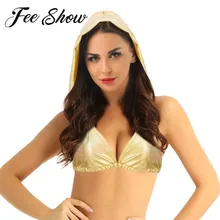 Сексуальные женские экзотические майки, топ для девушек, блестящий металлический v-образный вырез, открытая спина, с капюшоном, бюстье, бюстгальтер, пляжные бикини, купальный костюм, Танцевальный жилет, укороченные топы