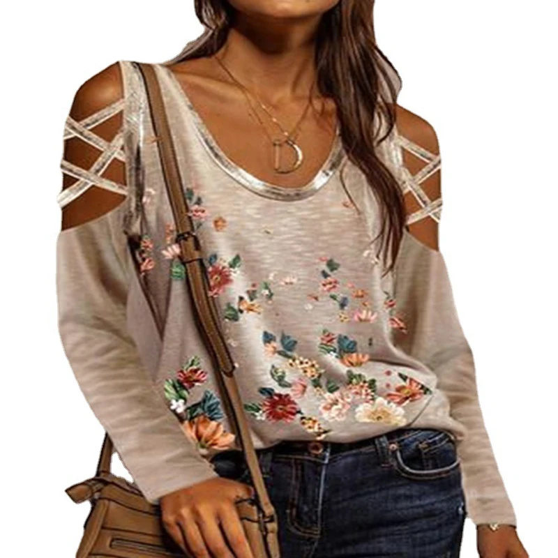 Женская летняя футболка с длинным рукавом V-образным вырезом и цветочным принтом