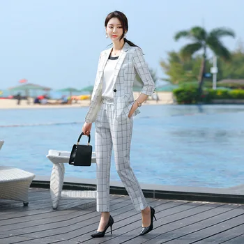 

2020 Xia Ol Classic Grid Middle Sleeve Occupation Suit Female Joker Slim Fit Suit Work Suit