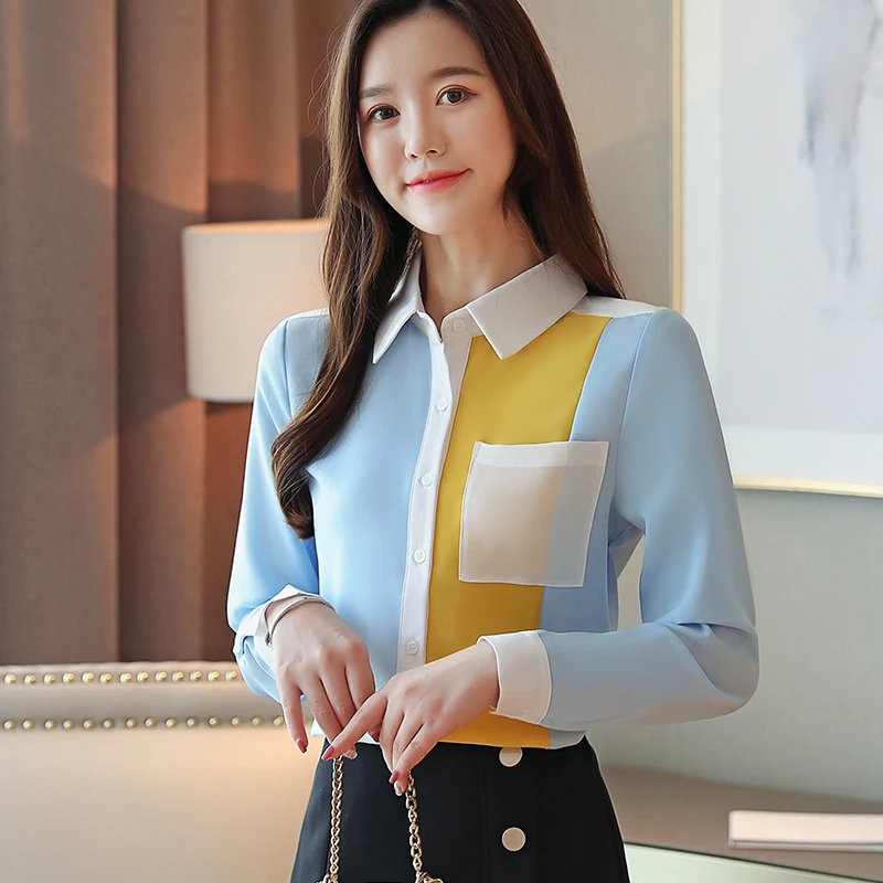  Korean Fashion Woman Chiffon Blouses Shirt Elegant Women Patchwork Blouses Shirt Plus Size Blusas M