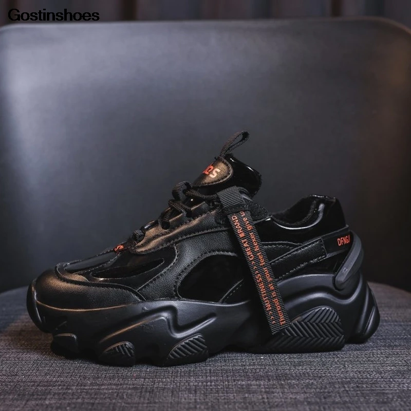 Zapatillas de deporte gruesas de plataforma para mujer, moda coreana, Tenis  negros, suela gruesa, con cordones, informales|Zapatos vulcanizados de  mujer| - AliExpress