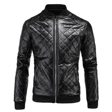 Plaid Faux Leather Jacket for Men England Style Winter Bomber PU Jackets Stand Mens Coats