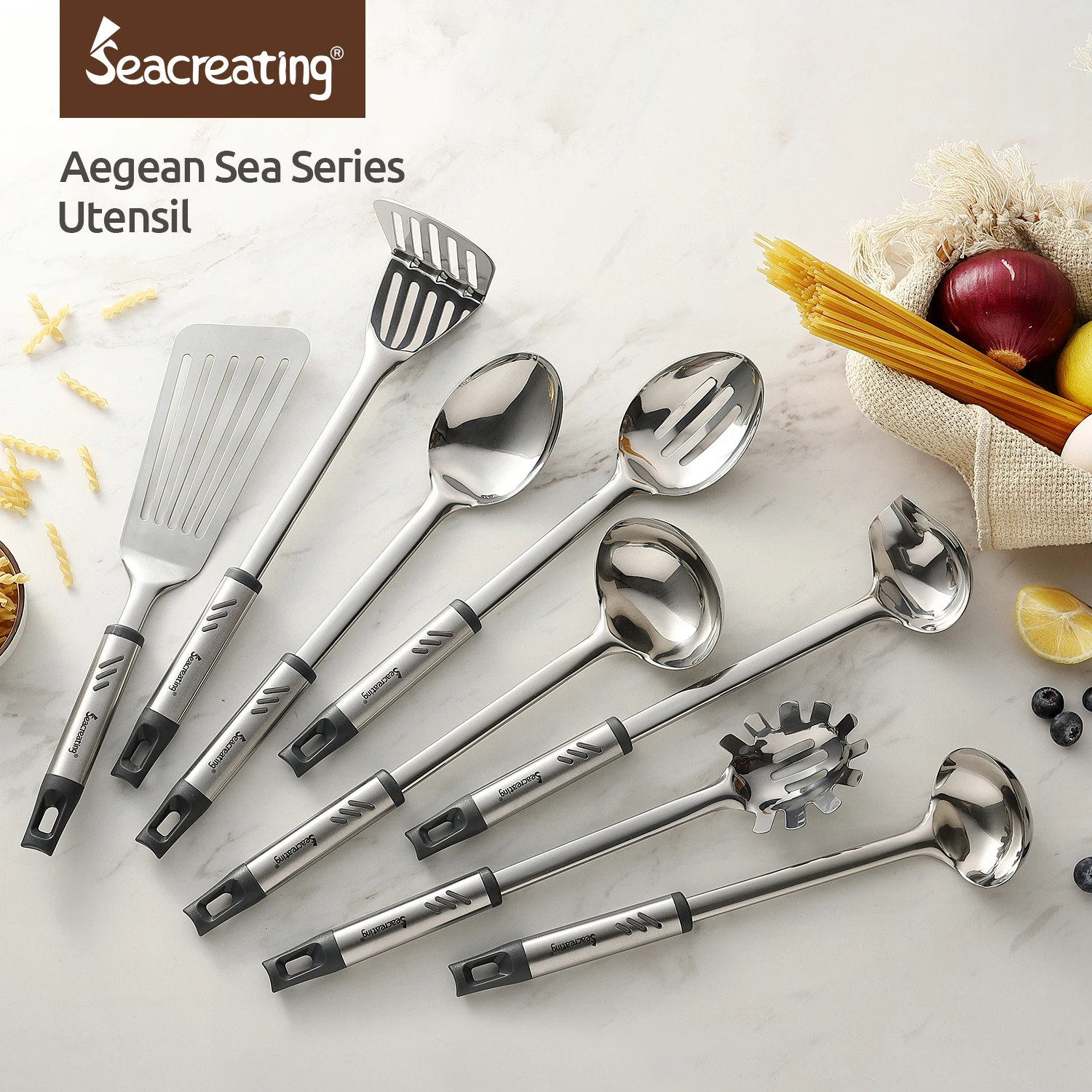 Seacreating Aegean Sea Series Stainless Steel Utensil Cookware Ladel Frying Turner Spoon Skimmer Potato Masher Spaghetti Sever