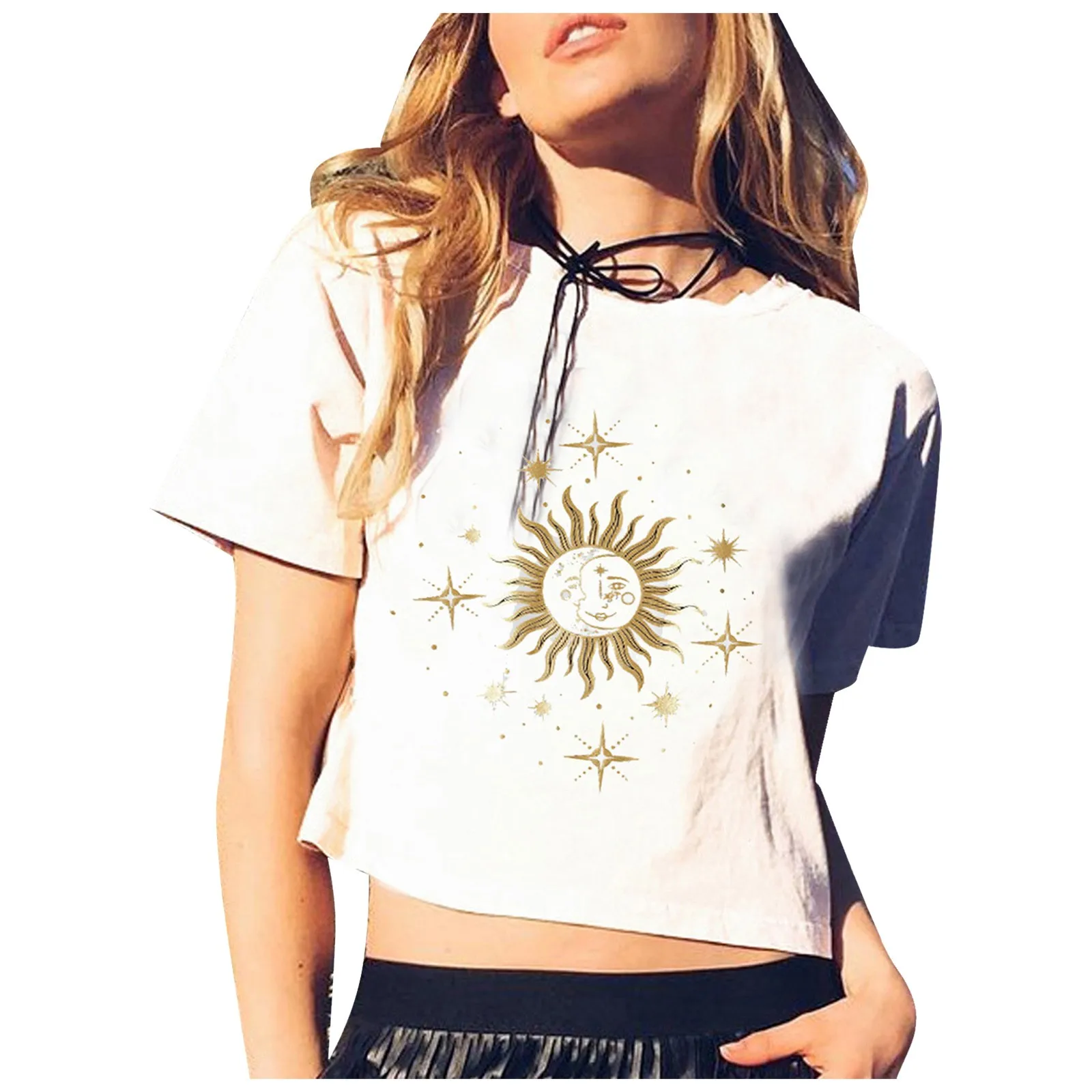 Vintage Printed T Shirt Women Sun Moon Star Graphic T-shirt Harajuku Tops Tee Short Sleeve crop top Tshirt Female Tshirts#g3 2