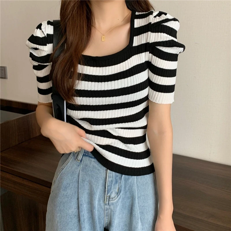 

Retro Square Collar Bubble Sleeve Women T-shirt Spring Summer New Female Slim Knitted Tees Tops Streetwear Woman Casual Top