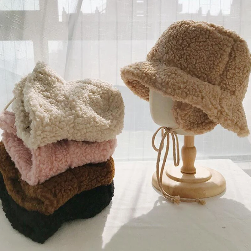

2020 Winter Hats Women Thick Bucket Hats With Earmuffs Solid Color Lamb Wool Bucket Hat Warm Panama Hats Caps Fisherman Hats