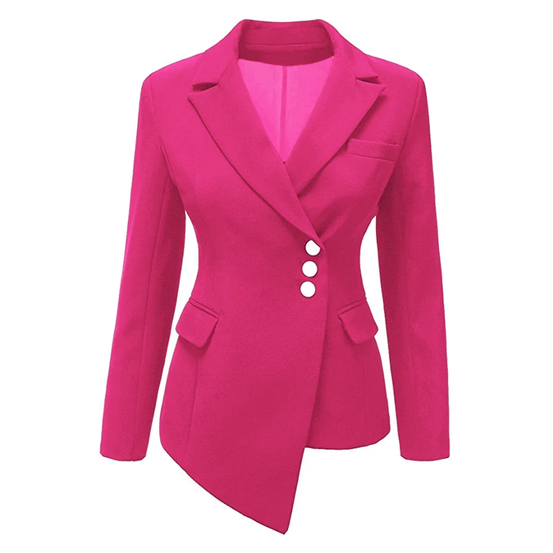 CINESSD/женские блейзеры с лацканами, пальто, однотонный однобортный пиджак с длинным рукавом, офисный женский хлопковый Асимметричный повседневный костюм Куртка Блейзер - Цвет: Rose Red