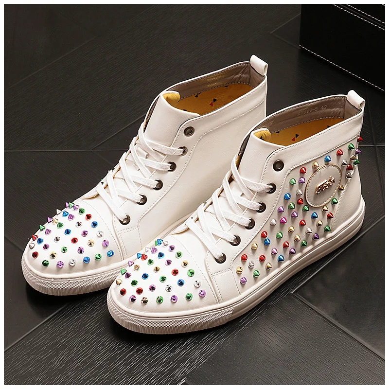 New luxury designer sneakers Men colorful Studded Rivet Spike Casual Flats high tops rock punk Shoes Male Moccasins Loafers | Обувь