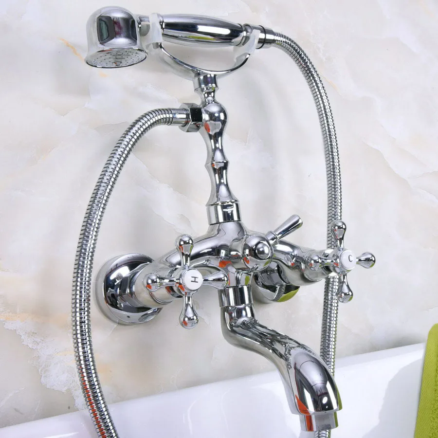 

Silver Chrome Brass Wall Mounted Bathroom Bath Tub Faucet Set WITH/ 150CM Handheld Shower Spray Head Mixer Tap Dna198
