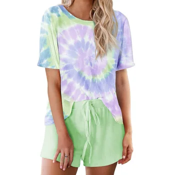 

Women Tracksuit Summer 2 Pieces Sets Casual Loose Tie Dye Colorful Clothing Set Short Sleeve Top Drawstring Short S1 S