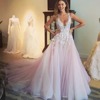

Wedding Dress A-Line V-Neck Court Train Open Back Pink Elegant with Appliques For Wedding Party