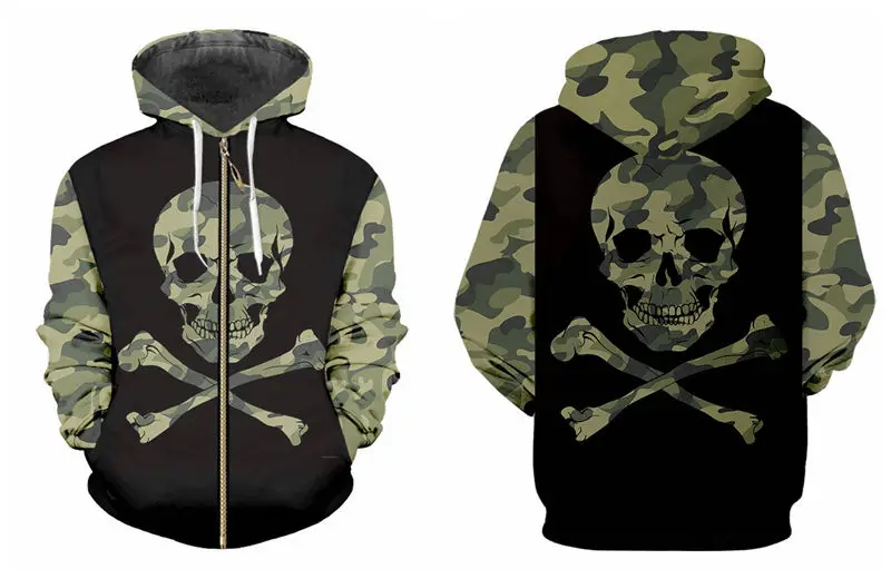 zip up hoodie Модные мужские/женские толстовки на молнии в стиле милитари, крутые толстовки с 3D принтом в виде черепа, осенние толстовки на молнии, унисекс худи на молнии - Цвет: zip up hoodie