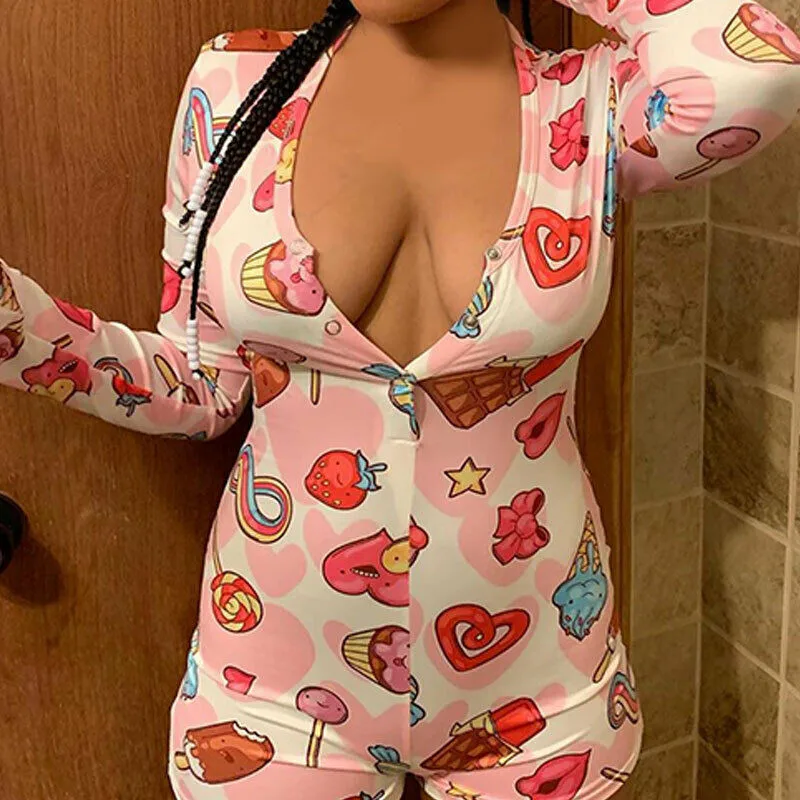 2019 Sexy Women Deep V-neck Bodycon Sleepwear Jumpsuit Button Bodysuit Shorts Romper Bodysuit Leotard Long Sleeve Print Bodysuit
