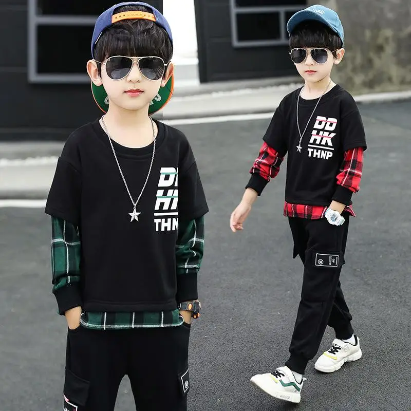 

Kids suit cotton stitching casual children's clothing spring autumn long-sleeved round neck clothes + pants baby boy clothes