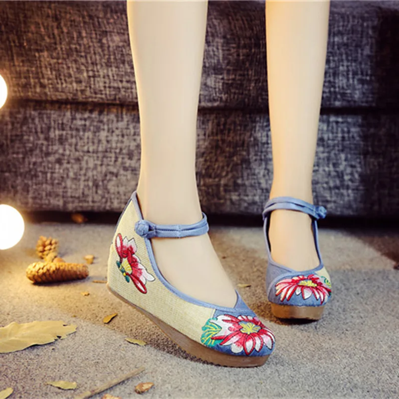 

Old Beijing Women Handmade Canvas Shoes Traditional Embroidered Strappy Cotton Cloth Flat Platforms Zapatos Mujer Pumps 5cm