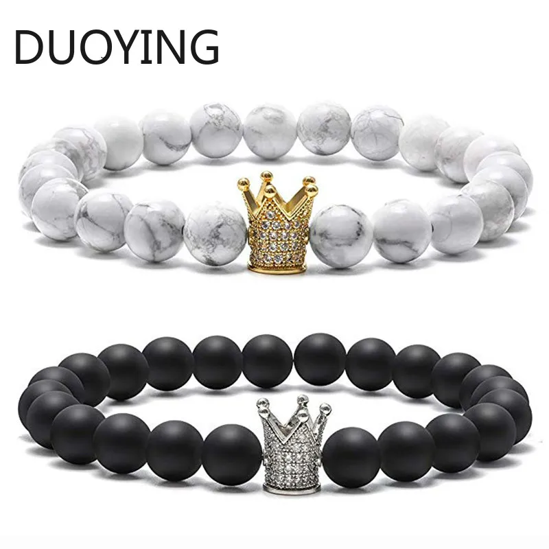 8 мм черный матовый белый Howlite Парные браслеты CZ Корона Король Королева