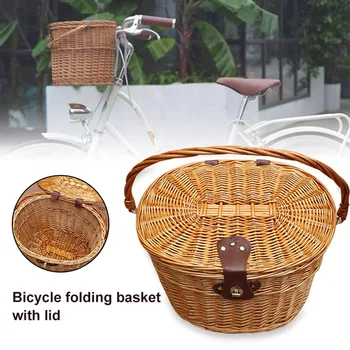 

Wicker Weaving Bicycle Front Storage Basket with Folding Lid @LS