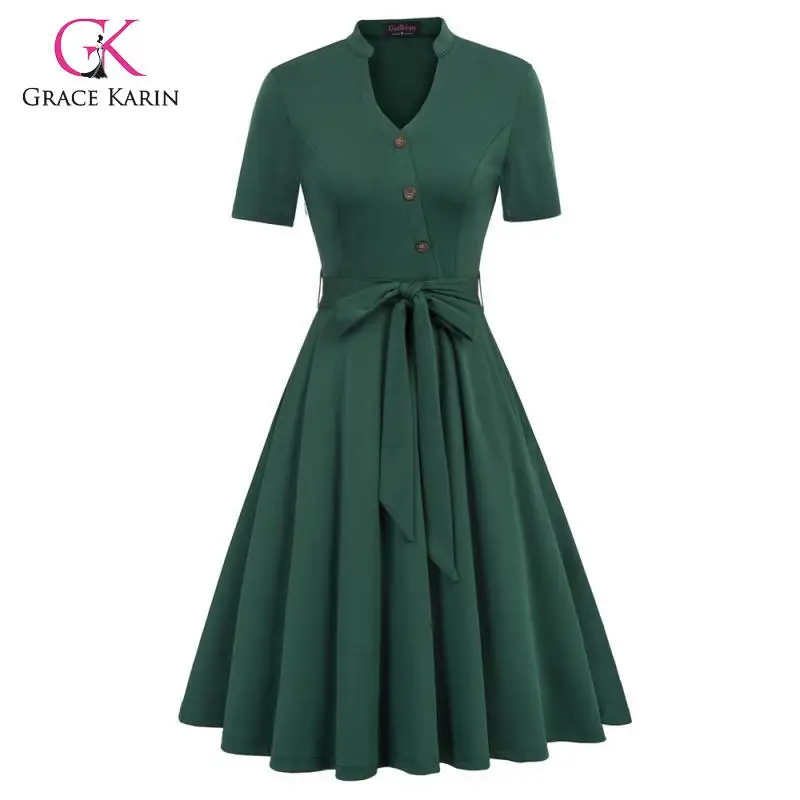 Grace Karin женское винтажное платье зеленое/черное Плиссированное ТРАПЕЦИЕВИДНОЕ ПЛАТЬЕ средней длины с коротким рукавом Вечерние платья с поясом свободное платье