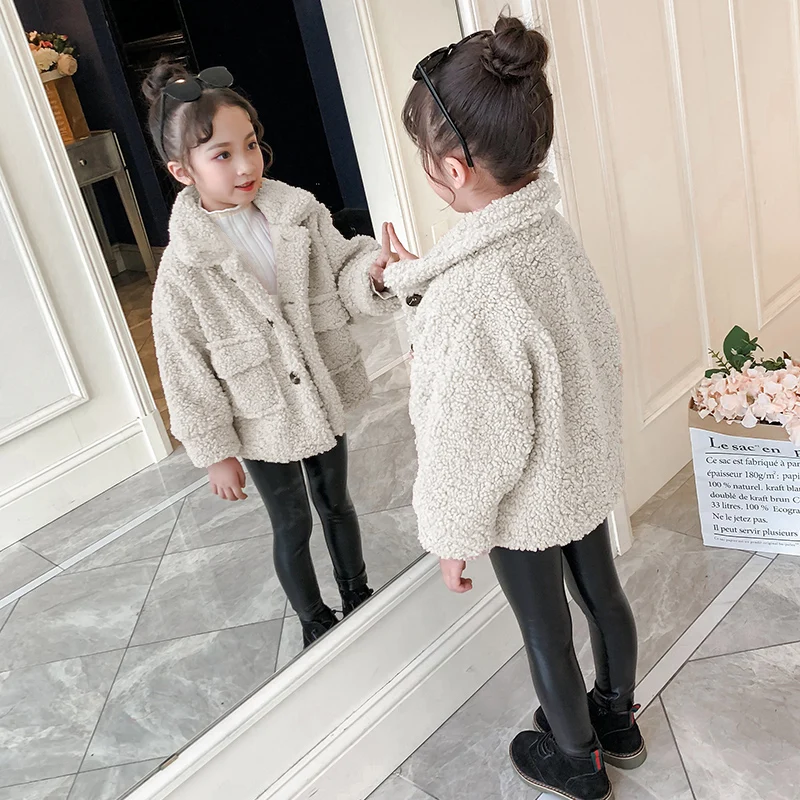 Новое зимнее пальто из овечьей шерсти для девочек, однобортные вельветовые куртки для детей 8, 10, 12, 14 лет, плотные флисовые пальто с карманами