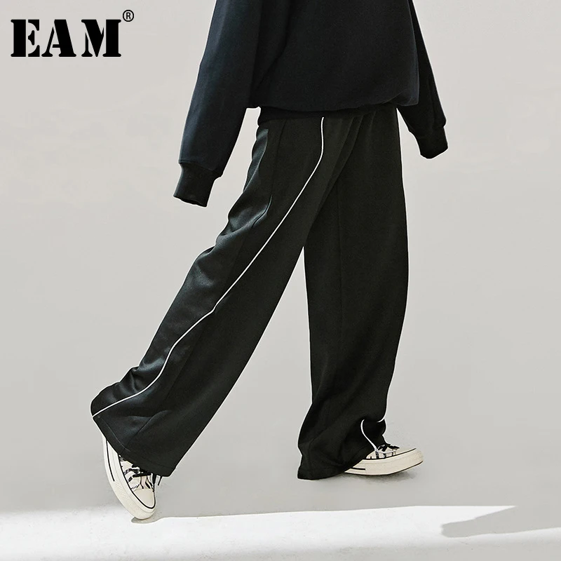 

[EAM] High Elastic Waist Black Side Line Split Long Wide Leg Trousers New Loose Fit Pants Women Fashion Spring Autumn 2020 1R098