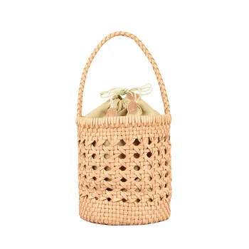 

Handmade Genuine Leather Woven Women's Bag First Layer Cowhide Tanned Literary Handbag Hollow Out Cow Leather Bucket Bag