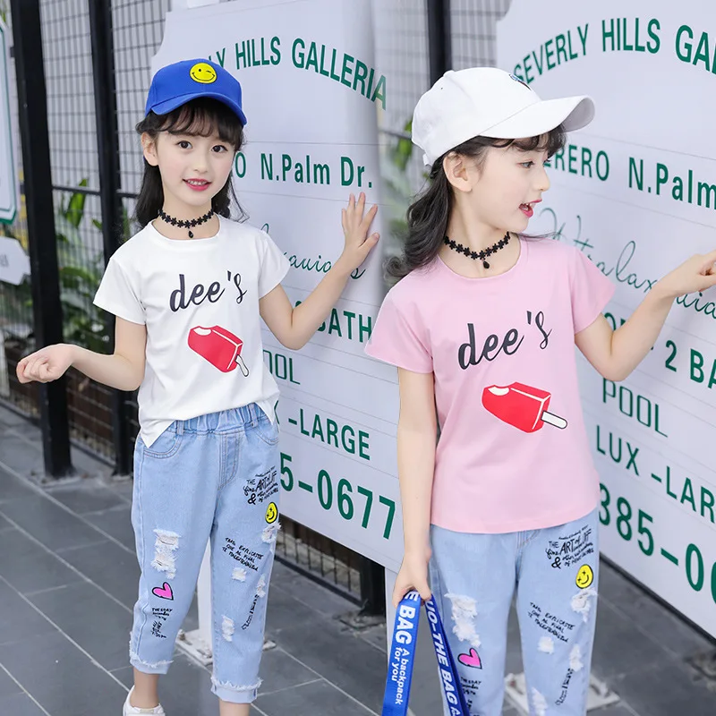 

Childrenswear Girls' Short-sleeved Suit 2019 Summer Fashion Printed Ice Cream T-shirt with Holes Smiley Jeans Two-Piece Set