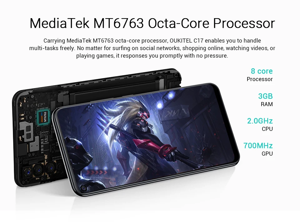 OUKITEL C17 6,35 ''Тройная камера смартфон MT6763 Восьмиядерный Android 9,0 3 Гб 16 Гб распознавание лица отпечатков пальцев 4G мобильный телефон 3900 мАч