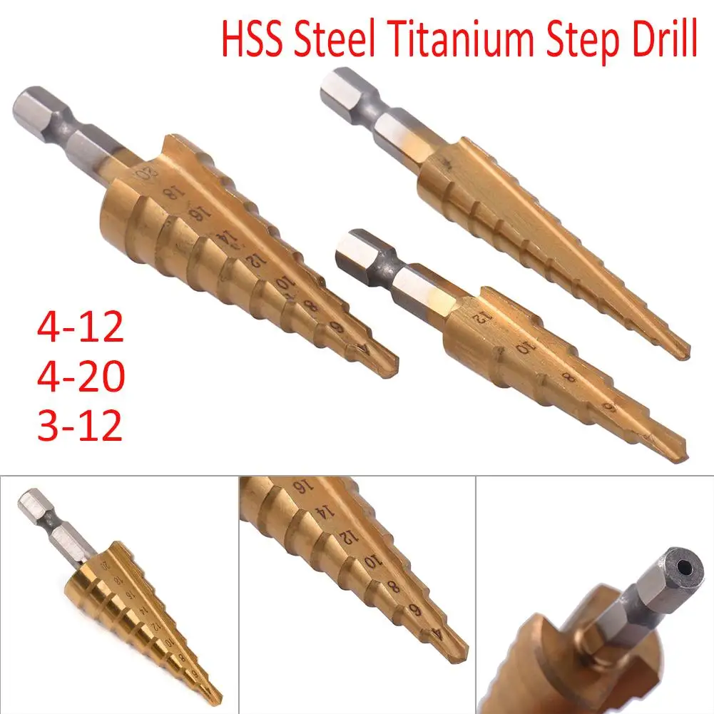 3Pcs HSS Step Cone Taper Drill Metric Size Hex Shank Titanium Coated Step Drill Bit Cutting Tool Drill Bit Set 3-12/4-12/4-20mm