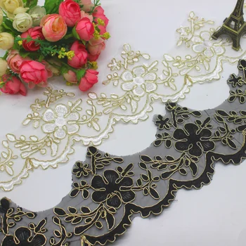 

Gold Floral Embroidery Lace Fabrics 5 Yards/Lot 3D Flower Wedding Dress Applique Soft Nylon Tulle Silver flower 10cm