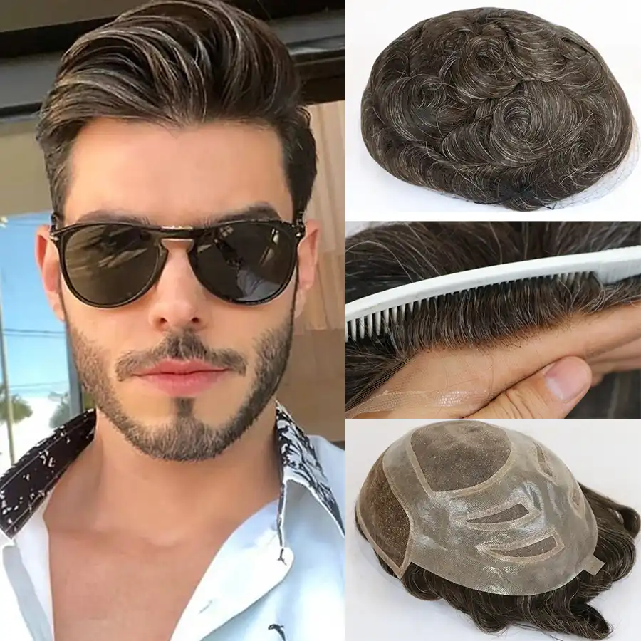 V Looped Hairline 0.04 0.05mm Thin Skin Toupee Hairpieces For Men