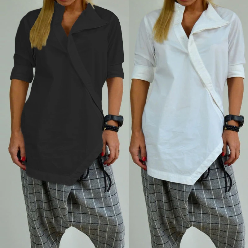  2019 Celmia Women Buttons Down Tunic Shirts Vintage Linen Blouse Long Sleeve Asymmetrical Tops Soli