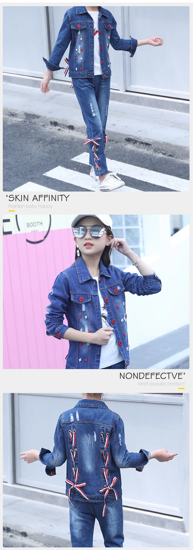 Korean Fashion Design Bandage Design Jean Jacket And Pants Set Kids Cowboy Outfit Child Ribbon Denim Clothing Set For girls
