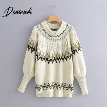

Demandi sweater women's autumn and winter new commuter casual versatile fashionable Vintage jacquard women's knitting sweater
