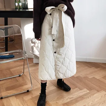 

Cotton Botton Bow Woman Thickening Skirt High Waist A Line Autumn Winter Fashion Skirts