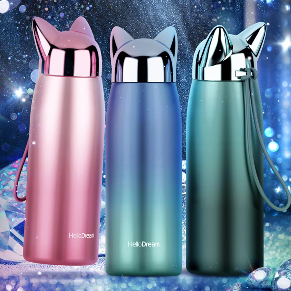 garrafa térmica de aço inoxidável frascos vácuo fofos orelha de gato copo térmico portátil viagens ao ar livre para café chá leite