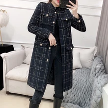 [EWQ] весеннее Новое толстое однобортное женское твидовое пальто с длинным рукавом и жемчугом корейское свободное шерстяное пальто QZ300